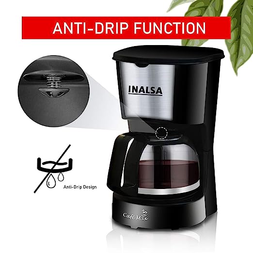 Inalsa Cafe Max 5 Cup (0.6L) 650-Watt Coffee Maker with Anti Drip & Keep Warm Function| Detachable Coffee Filter| Includes 100% Borosilicate Glass 0.8L Carafe Jar, (Black) Inalsa Cafe Max 5 Cup (0.6L) 650-Watt Coffee Maker with Anti Drip & Keep Warm Function| Detachable Coffee Filter| Includes 100% Borosilicate Glass 0.8L Carafe Jar, (Black)
